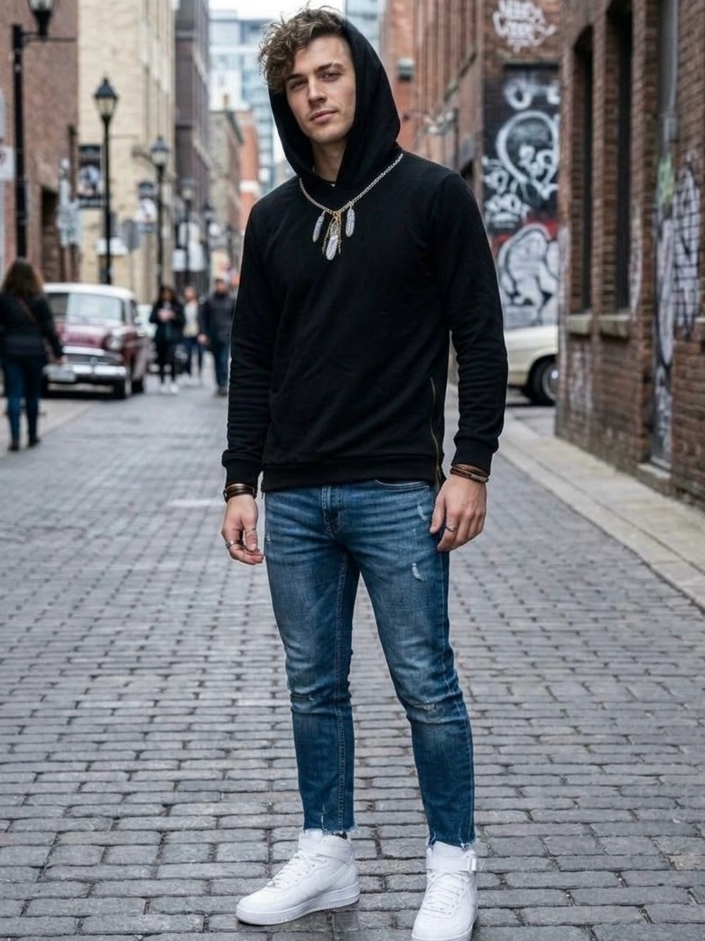 The Clothing Animal TCA Black Graphic Hoodie M Feather Necklace Top Zip Cotton